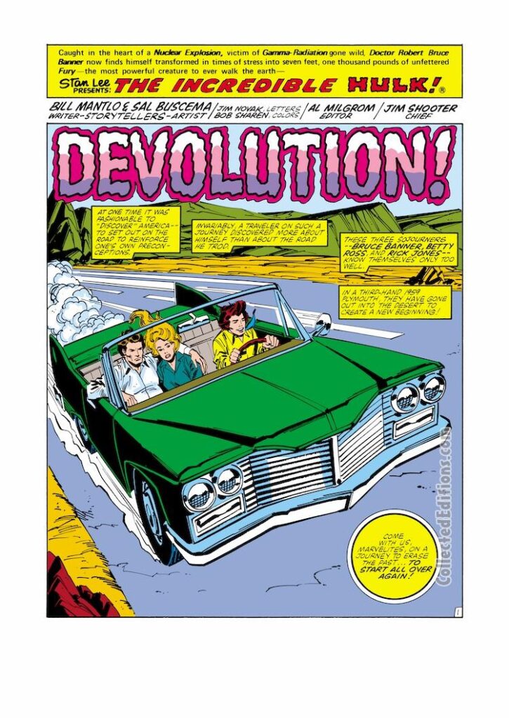 Incredible Hulk #266, pg. 1; pencils and inks, Sal Buscema; Devolution, Bill Mantlo, writer, Bruce Banner, Betty Ross, Rick Jones