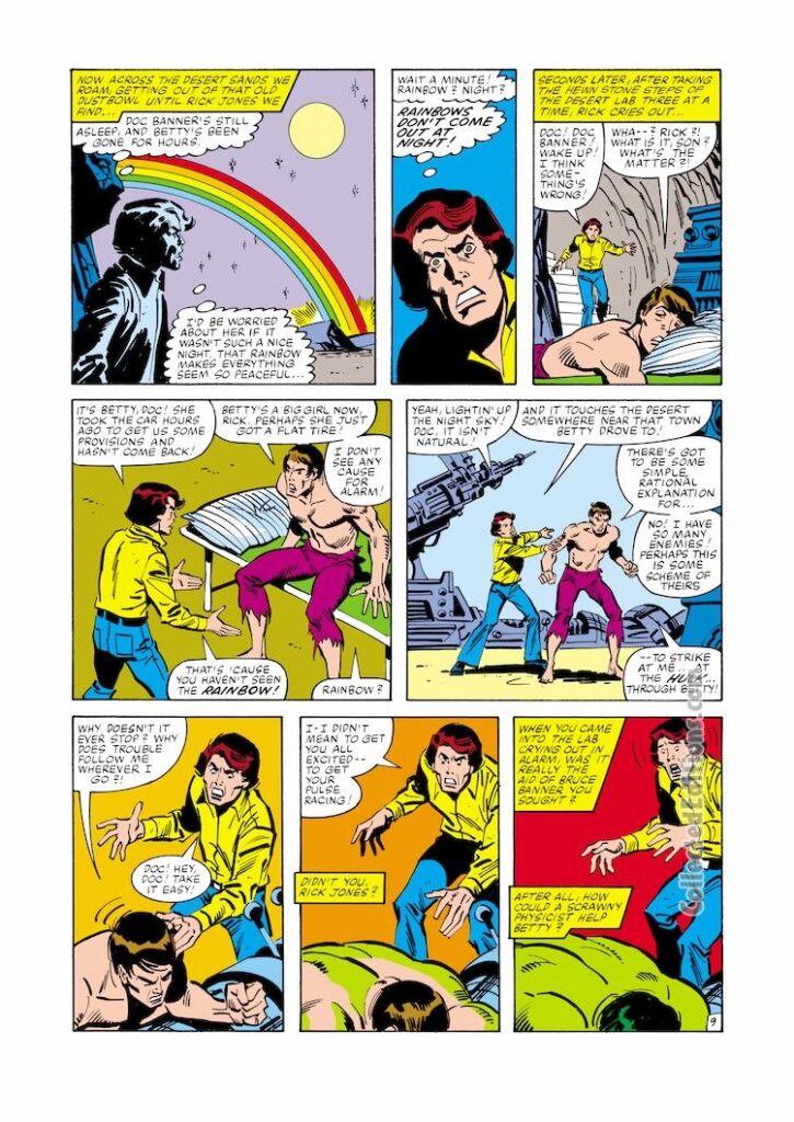 Incredible Hulk #267, pg. 9; pencils and inks, Sal Buscema; Bruce Banner, Rick Jones, rainbow