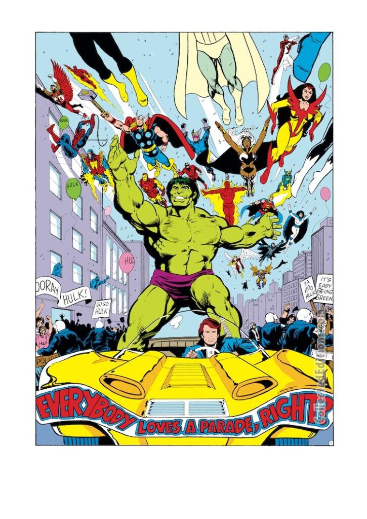 Incredible Hulk #279, pg. 1; layouts, Mark Gruenwald; pencils and inks, Greg LaRocque; Everybody Loves a Parade, Right? Thor, Vision, Rick Jones, Storm, Torpedo, Spider-Man, Falcon, Sabra