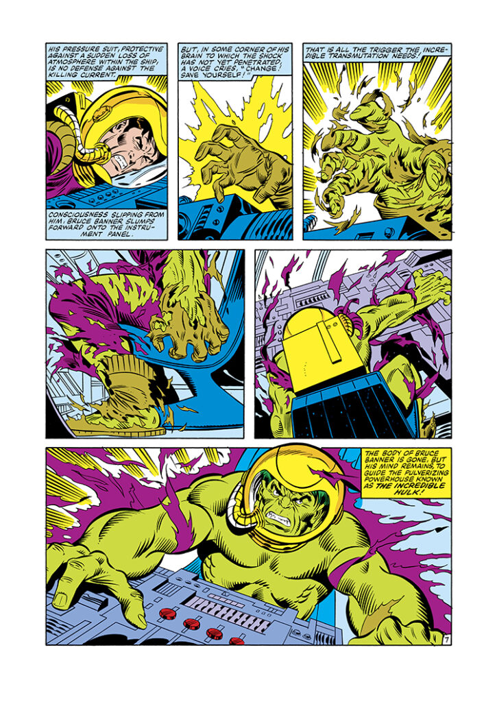 Incredible Hulk #281, pg. 7; pencils, Sal Buscema; inks, Joe Sinnott; outer space, space suit, transformation, Bruce Banner