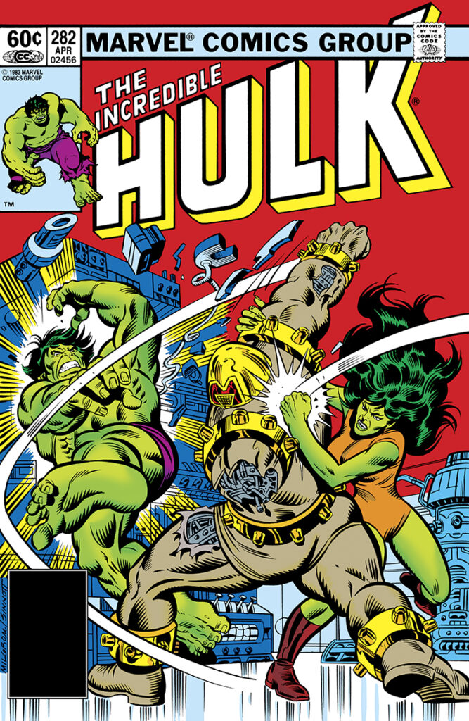 Incredible Hulk #282 cover; pencils, Al Milgrom; inks, Joe Sinnott; She-Hulk, Arsenal