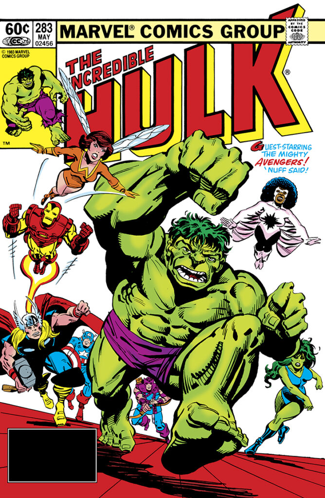 Incredible Hulk #283 cover; pencils, Ed Hannigan; inks, Al Milgrom; Guest-starring the Mighty Avengers, ‘nuff said, Thor, Captain America, Iron Man, Hawkeye, She-Hulk, Captain Marvel, Monica Rambeau, Photon, Wasp