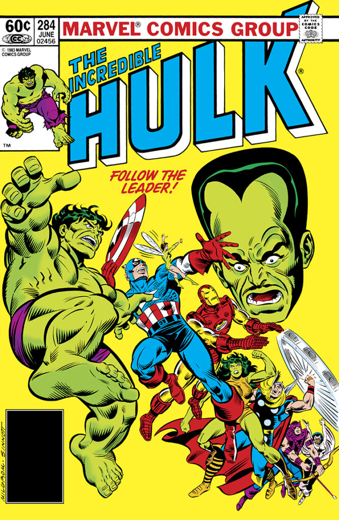 Incredible Hulk #284 cover; pencils, Al Milgrom; inks, Joe Sinnott; Follow the Leader, Avengers, Mighty Avengers, Thor, Captain America, Iron Man, Hawkeye, She-Hulk, Captain Marvel, Monica Rambeau, Photon, Wasp