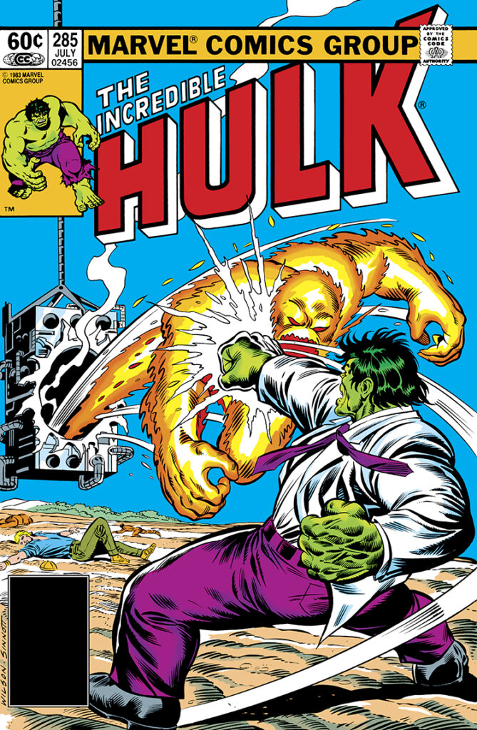 Incredible Hulk #285 cover; pencils, Ron Wilson; inks, Joe Sinnott; Zzzax, Bruce Banner, purple pants