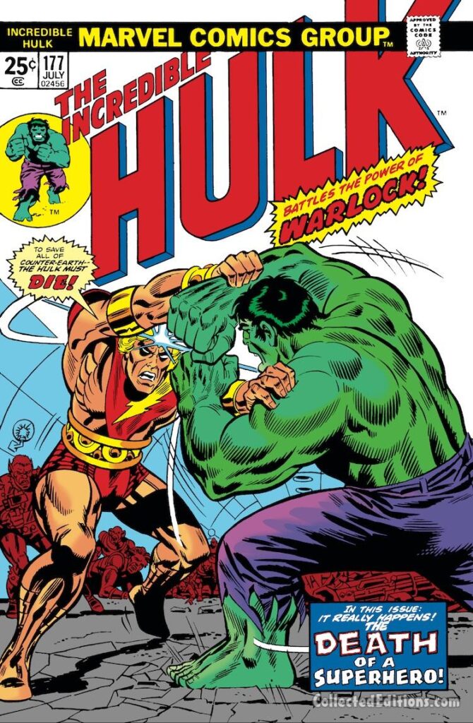 Incredible Hulk #177 cover; pencils, Herb Trimpe; inks, Frank Giacoia ; Adam Warlock, Counter-Earth