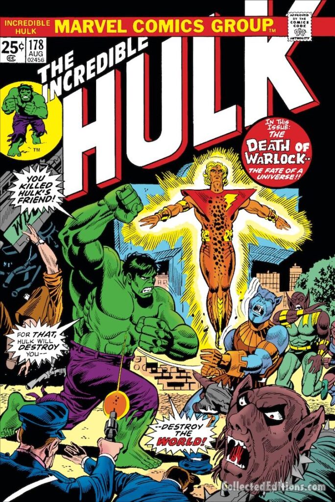 Incredible Hulk #178 cover; pencils and inks, Herb Trimpe; alterations, John Romita Sr.; The Death of Warlock