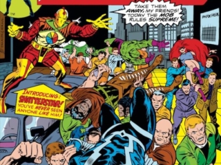 Inhumans #3 cover; pencils, Rich Buckler; inks, Dan Adkins; Shatterstar, Medusa, Black Bolt, Panic in New York