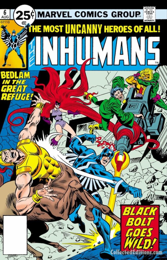 Inhumans #6 cover; pencils, Rich Buckler; inks, Frank Giacoia; Black Bolt Goes Wild, Medusa, Centaur