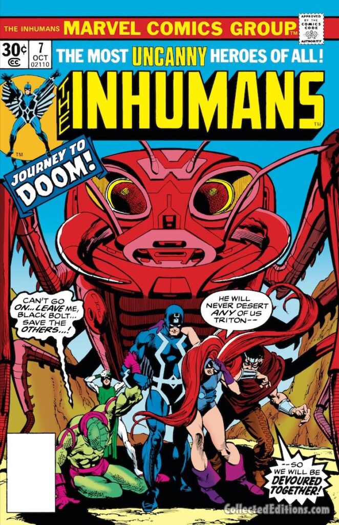 Inhumans #7 cover; pencils, Gil Kane; inks, Klaus Janson; The Most Uncanny Heroes of All, Journey to Doom, Black Bolt, Medusa