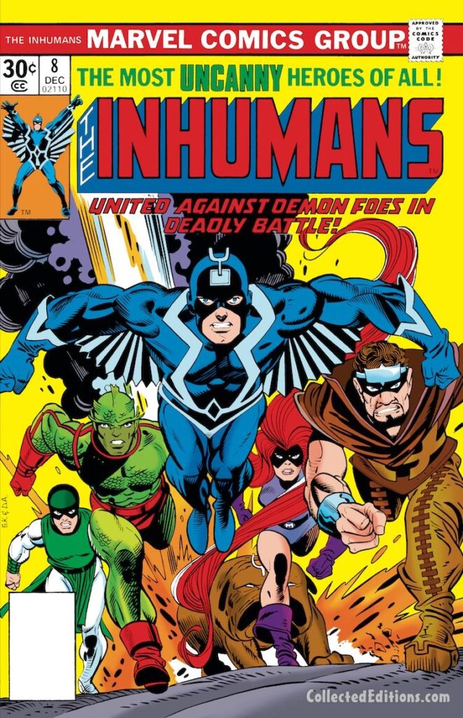 Inhumans #8 cover; pencils, Gil Kane; inks, Dan Adkins; United Against Demon Foes in Deadly Battle, Black Bolt, Triton, Karnak