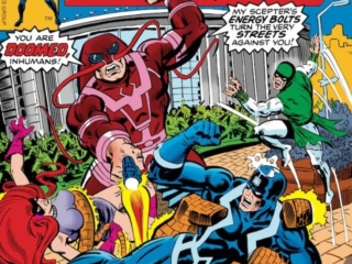 Inhumans #11 cover; pencils, Keith Pollard; inks, Al Milgrom; The Power of the Pursuer, Black Bolt, medusa