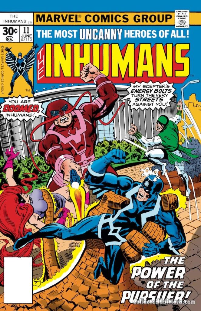 Inhumans #11 cover; pencils, Keith Pollard; inks, Al Milgrom; The Power of the Pursuer, Black Bolt, medusa
