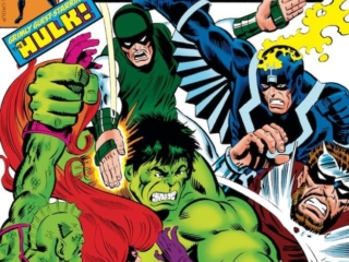 Inhumans #12 cover; pencils and inks, Al Milgrom; Hulk, Black Bolt, Karnak, Medusa