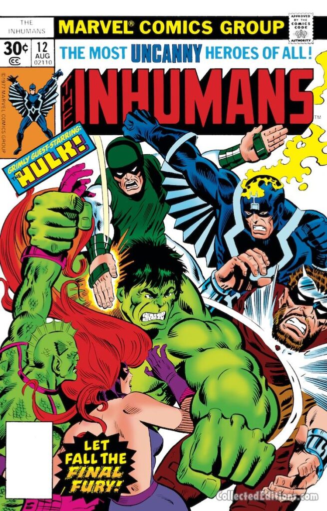 Inhumans #12 cover; pencils and inks, Al Milgrom; Hulk, Black Bolt, Karnak, Medusa