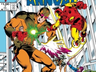 Iron Man Annual #7 cover; pencils, Luke McDonnell; inks, Ian Akin, Brian Garvey; Goliath Berserk, West Coast Avengers