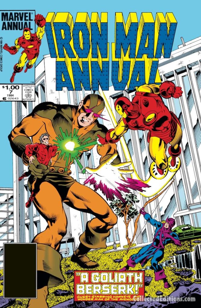Iron Man Annual #7 cover; pencils, Luke McDonnell; inks, Ian Akin, Brian Garvey; Goliath Berserk, West Coast Avengers