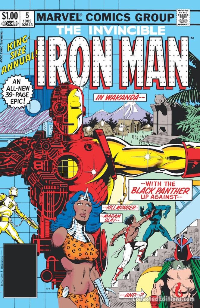 Iron Man Annual #5 cover; pencils, Jerry Bingham; inks, Brett Breeding; In Wakanda with the Black Panther up against Killmonger, Madam Slay, Mandarin
