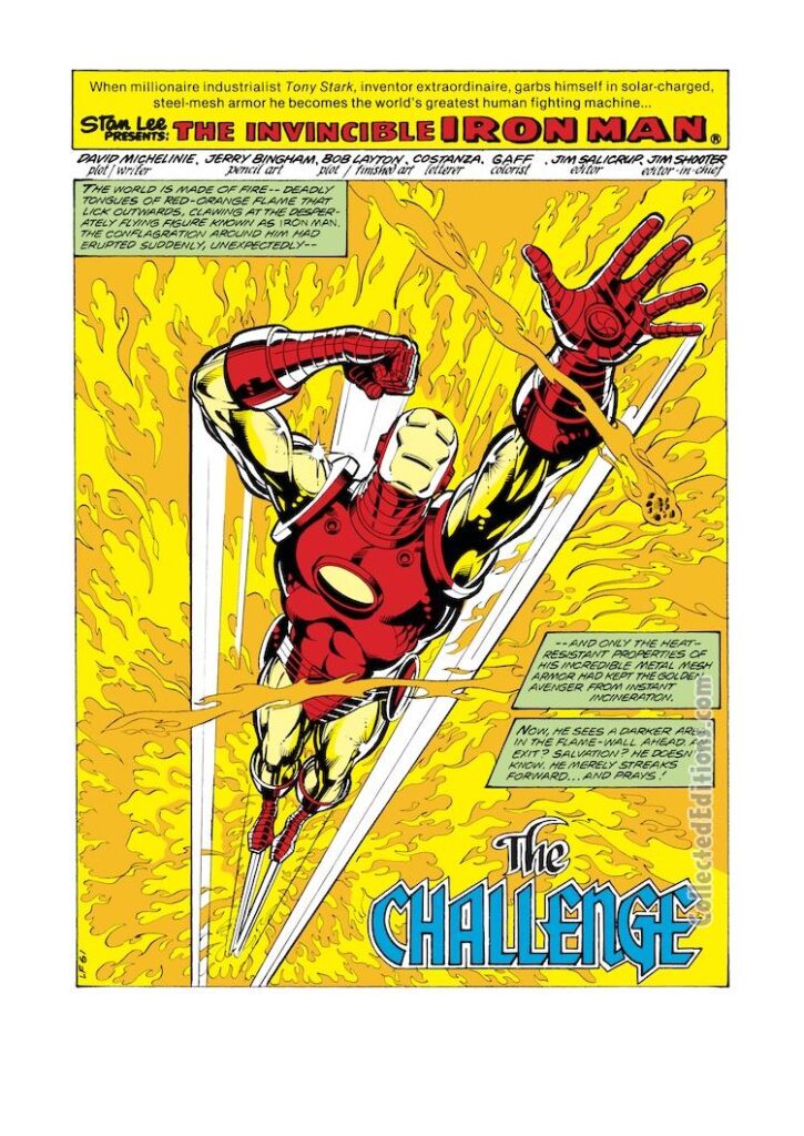 Iron Man #134, pg. 1; layouts, Jerry Bingham; pencils and inks, Bob Layton; The Challenge Splash Page, David Michelinie