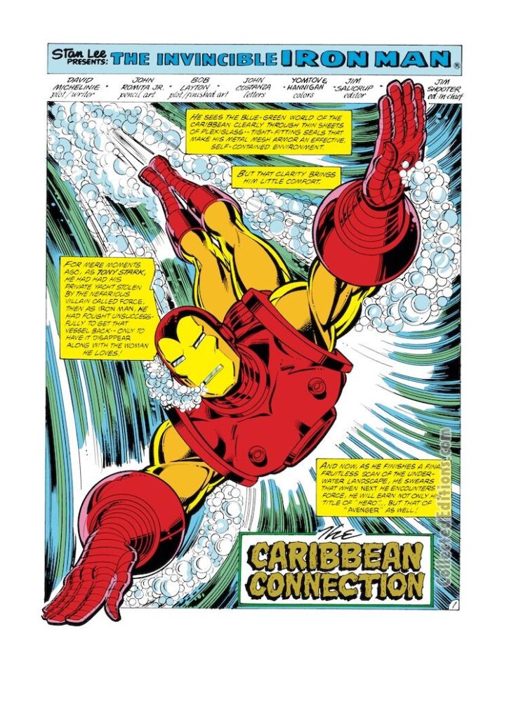 Iron Man #141, pg. 1; layouts, John Romita Jr.; pencils and inks, Bob Layton, Caribbean Connection, splash page, David Michelinie