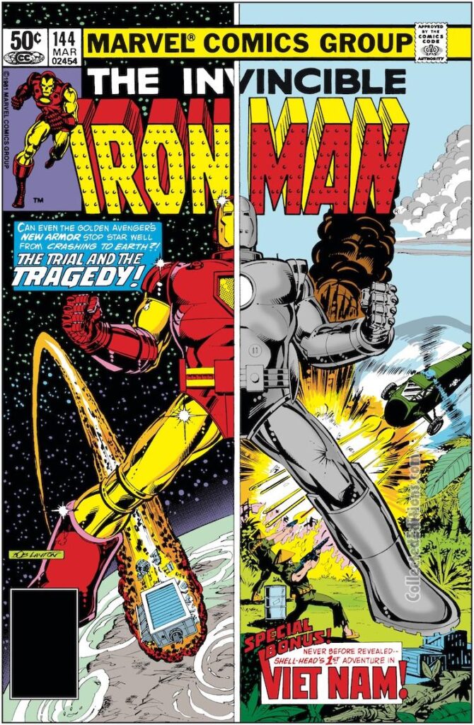 Iron Man #144 cover; pencils and inks, Bob Layton; The Trial and the Tragedy, Special Bonus, Vietnam, Jim Rhodes, Rhodey