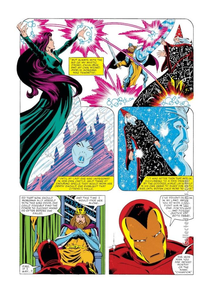 Iron Man #150, pg. 14; layouts, John Romita Jr.; pencils and inks, Bob Layton; Excalibur, Merlin, Morgan Le Fey, King Arthur