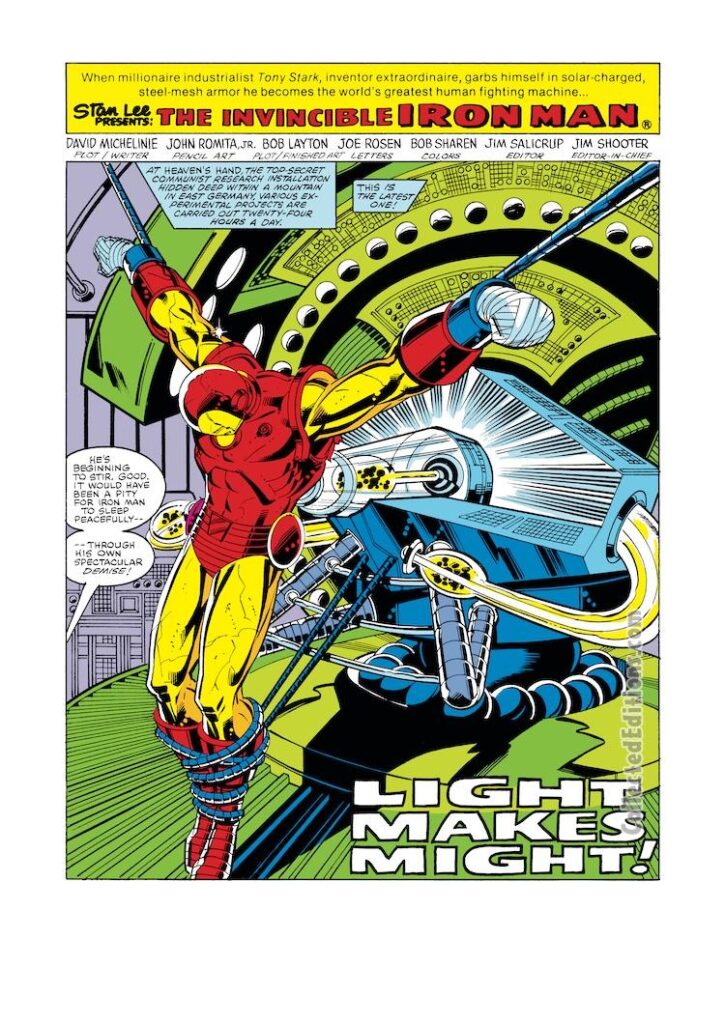 Iron Man #153, pg. 1; layouts, John Romita Jr.; pencils and inks, Bob Layton; Light Makes Might, David Michelinie, splash page