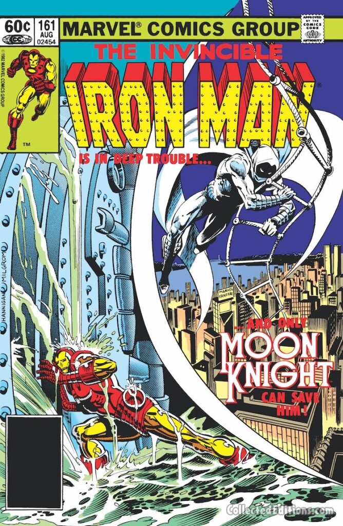 Iron Man #161 cover; pencils, Ed Hannigan; inks, Al Milgrom; Is In Deep Trouble And Only Moon Knight Can Save Him