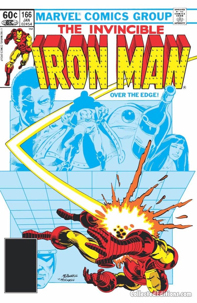 Iron Man #166 cover; pencils, Luke McDonnell; inks, Steve Mitchell; Over the Edge, Obadiah Stane, Jim Rhodes