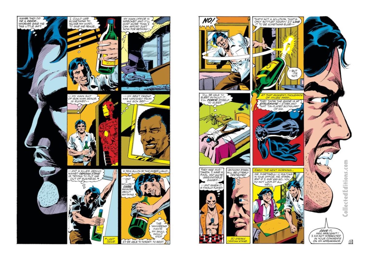 Iron Man #167, pgs. 2-3; pencils, Luke McDonnell; inks, Steve Mitchell; alcohol, secret identity, Jim Rhodes