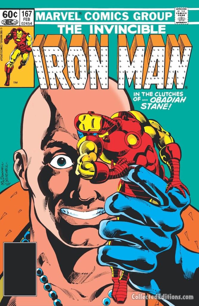 Iron Man #167 cover; pencils, Luke McDonnell; inks, Steve Mitchell; In the Clutches of Obadiah Stane