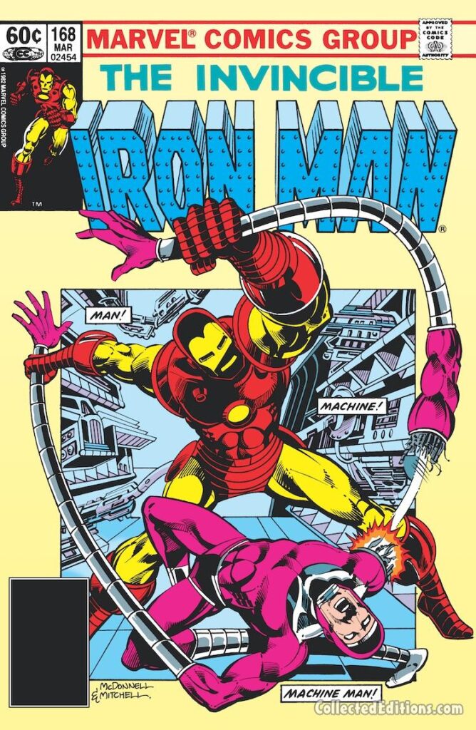 Iron Man #168 cover; pencils, Luke McDonnell; inks, Steve Mitchell; Machine Man