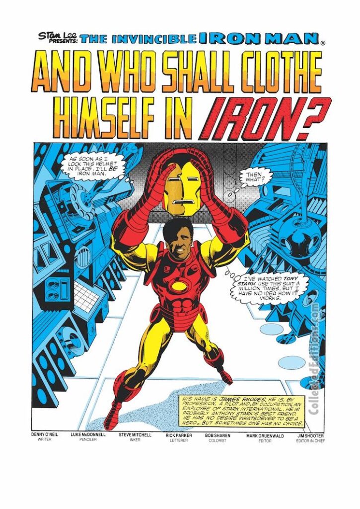 Iron Man #170, pg. 1; pencils, Luke McDonnell; inks, Steve Mitchell; splash page, “And Who Shall Clothe Himself In Iron”, Denny O’Neil, writer, Jim Rhodes becomes Iron Man