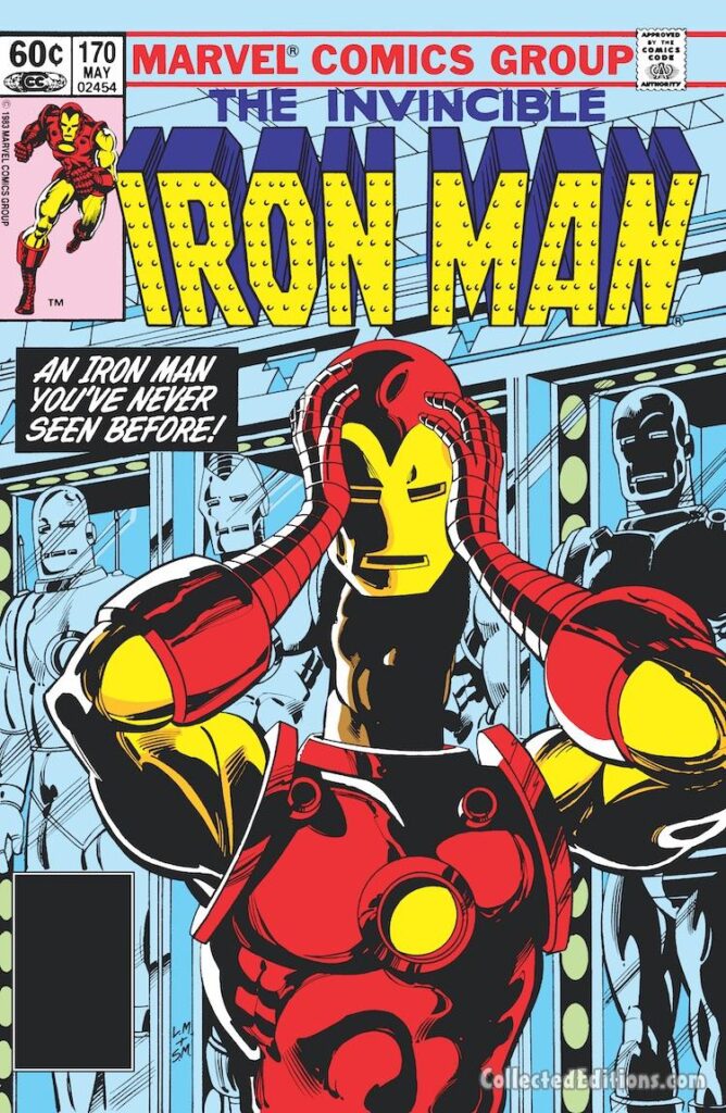 Iron Man #170 cover; pencils, Luke McDonnell; inks, Steve Mitchell; An Iron Man You’ve Never Seen Before, Jim Rhodes, Rhodey