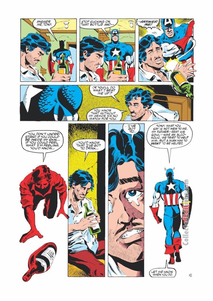 Iron Man #172, pg. 12; pencils, Luke McDonnell; inks, Steve Mitchell; Captain America, alcoholism, Tony Stark