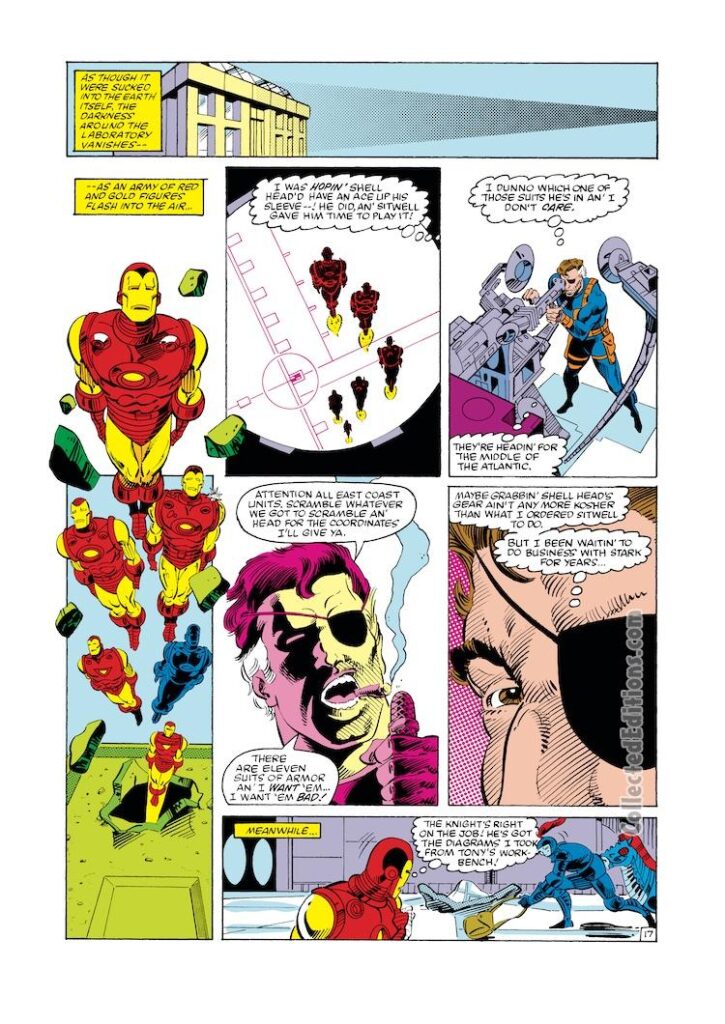Iron Man #174, pg. 17; pencils, Luke McDonnell; inks, Sam de la Rosa; Nick Fury; Many Armors of Iron Man