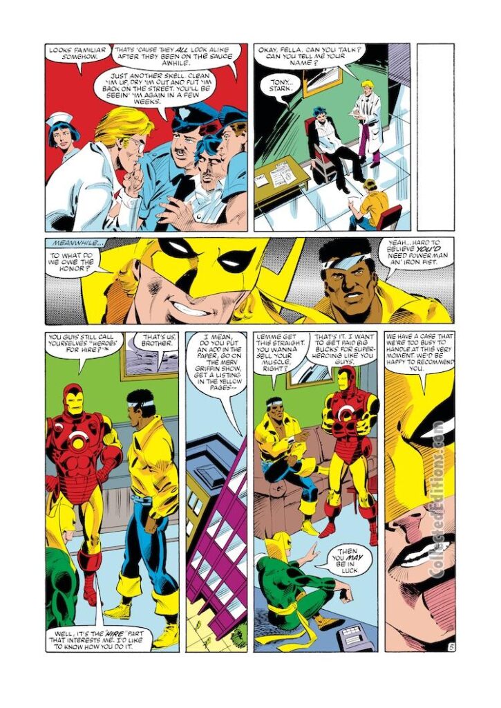 Iron Man #177, pg. 5; pencils, Luke McDonnell; inks, Steve Mitchell; Power Man, Iron Fist; Tony Stark, alcoholism