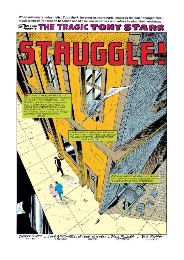 Iron Man #178, pg. 13; pencils, Luke McDonnell; inks, Steve Mitchell; Struggle, splash page, Denny O’Neil, writer, Tony Stark, alcoholism