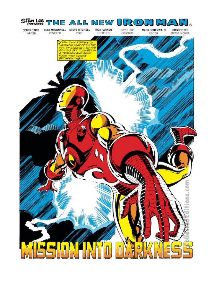 Iron Man #179, pg. 1; pencils, Luke McDonnell; inks, Steve Mitchell; All-New Iron Man, Jim Rhodes, Mission Into Darkness