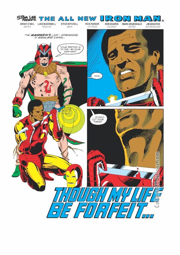 Iron Man #181, pg. 1; pencils, Luke McDonnell; inks, Steve Mitchell; Mandarin, Though My Life Be Forfeit, splash page, Jim Rhodes, Denny O’Neil