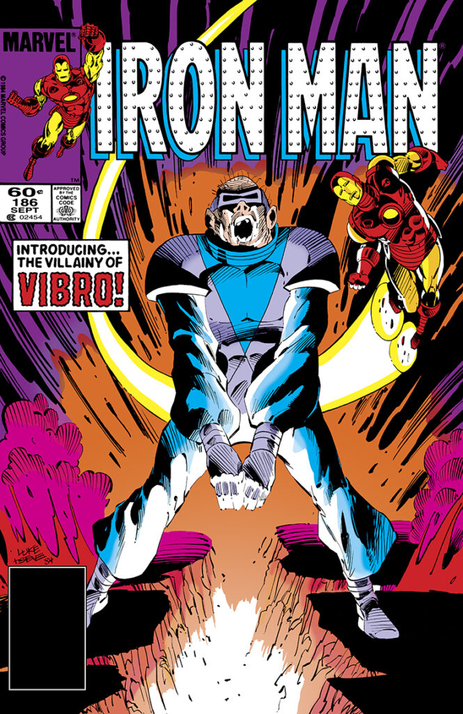 Iron Man #186 cover; pencils, Luke McDonnell; inks, Steve Mitchell; Jim Rhodes, Rhodey, Introducing the villainy of Vibro