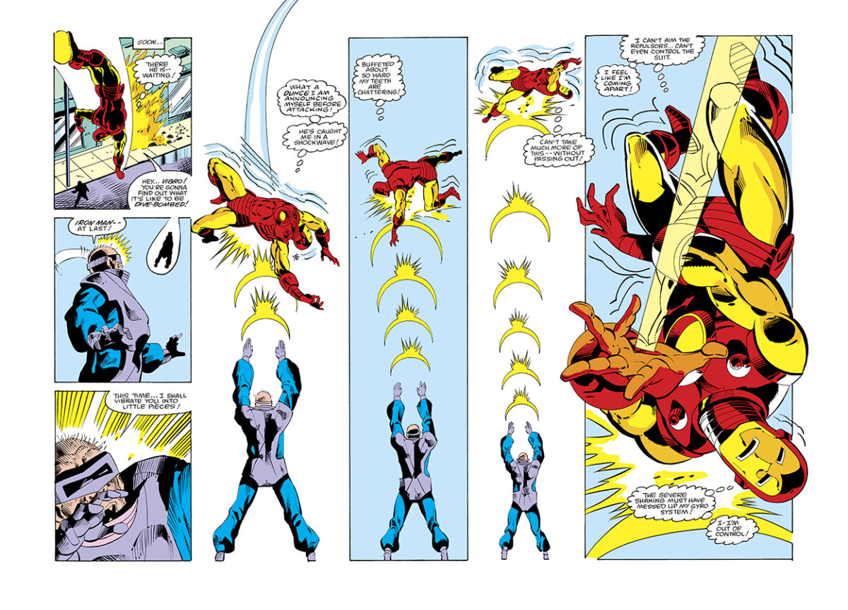 Iron Man #187, pgs. 10-11; pencils, Luke McDonnell; inks, Steve Mitchell; Jim Rhodes, Rhodey, Alton Viberaux, double-page spread, Vibro