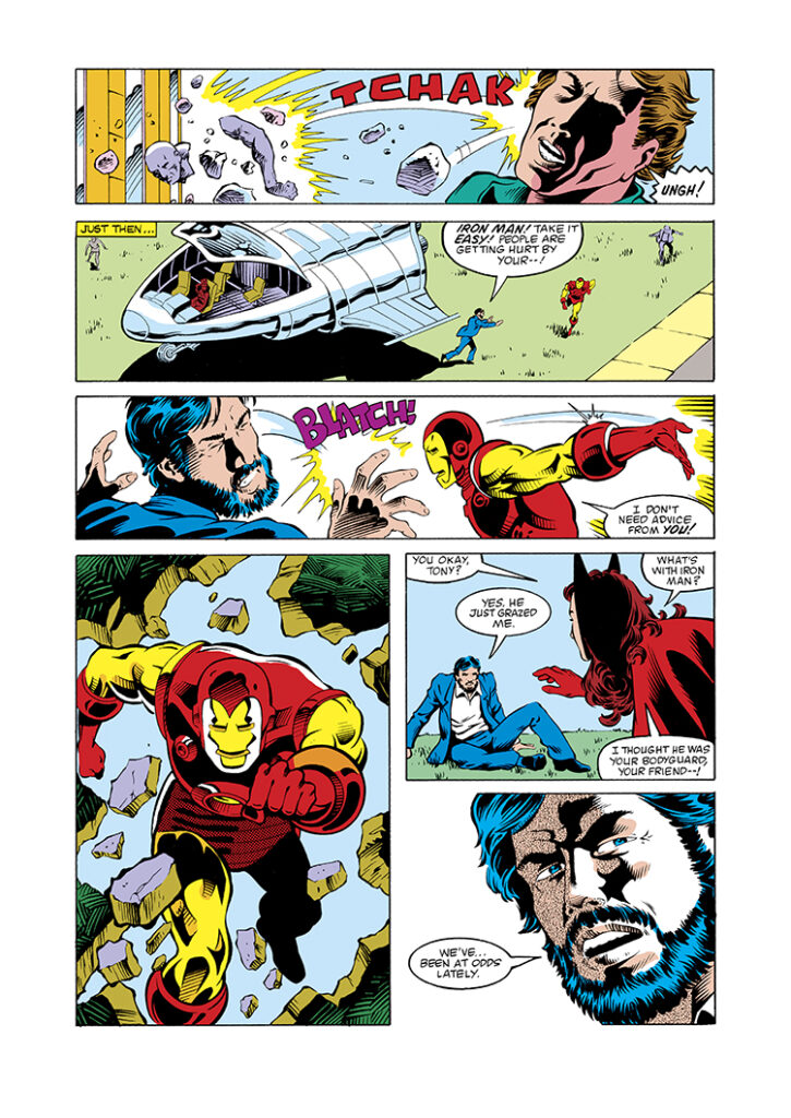 Iron Man #190, pg. 20; pencils, Luke McDonnell; inks, Ian Akin, Brian Garvey; Jim Rhodes, Rhodey, Tony Stark, Scarlet Witch