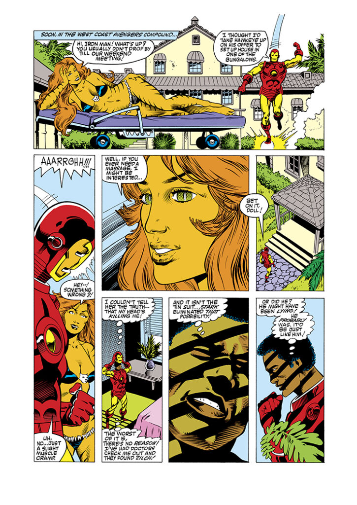 Iron Man #191, pg. 5; pencils, Luke McDonnell; inks, Ian Akin, Brian Garvey; Jim Rhodes, Rhodey, TIgra, West Coast Avengers