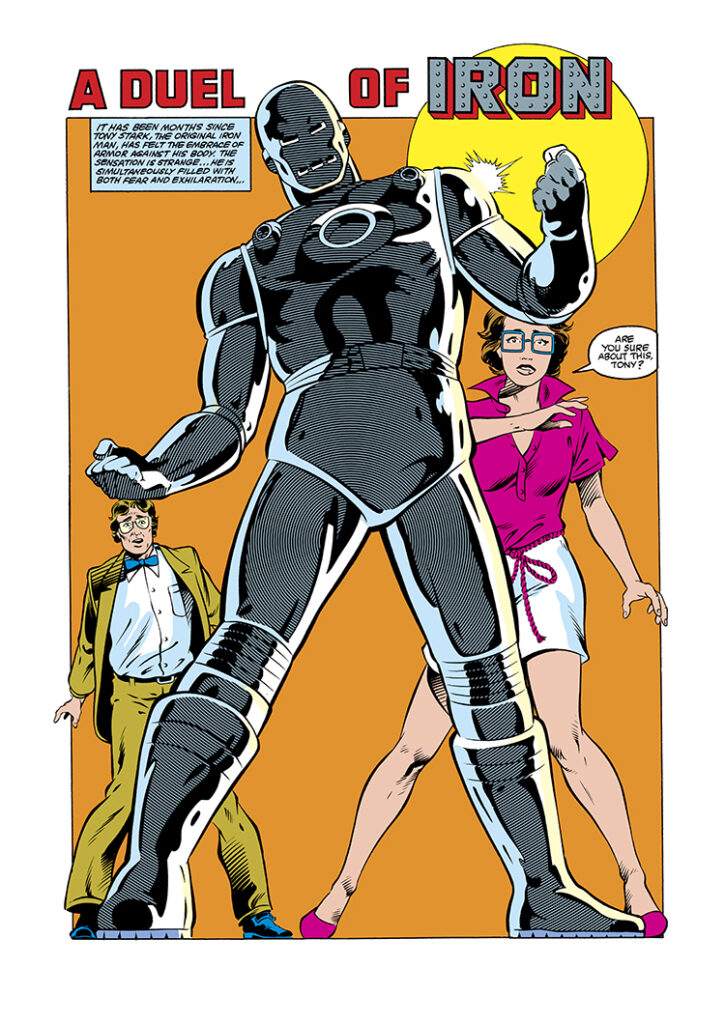 Iron Man #192, pg. 2; pencils, Luke McDonnell; inks, Ian Akin, Brian Garvey; Jim Rhodes, Rhodey, A Duel of Iron, Clytemnestra Erwin, Morley Erwin; Tony Stark in his original armor