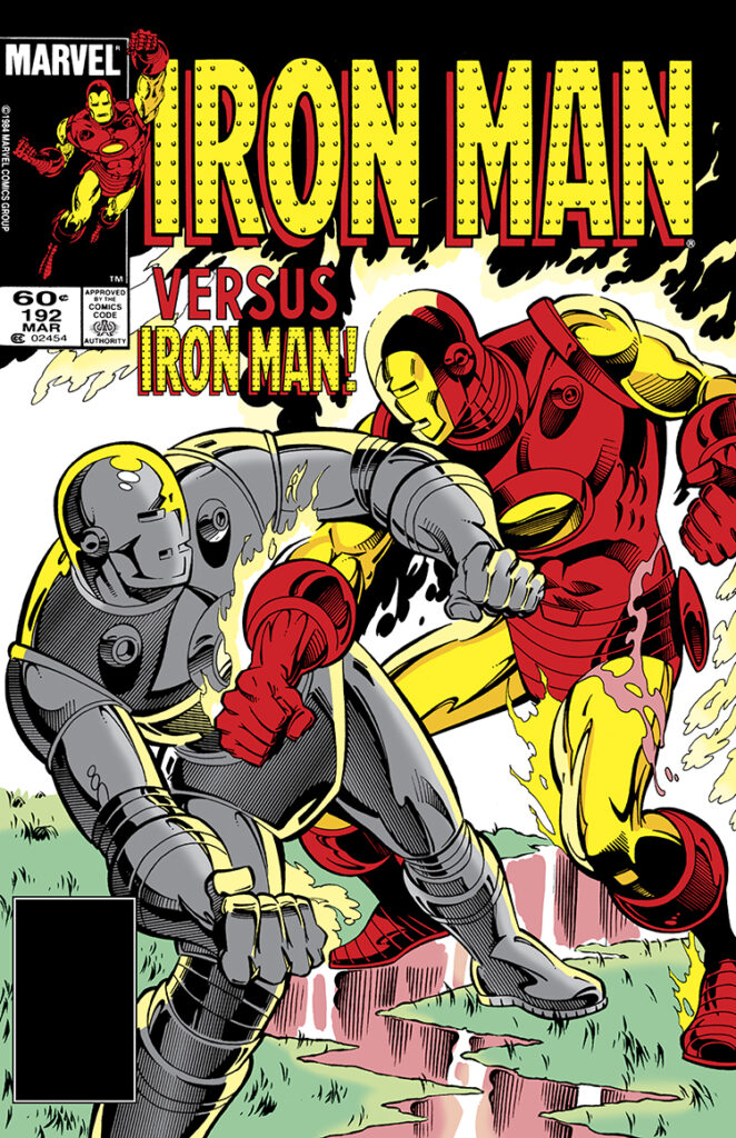 Iron Man #192 cover; pencils, Luke McDonnell; inks, Ian Akin, Brian Garvey; Jim Rhodes, Rhodey, old armor versus new armor