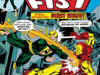 Iron Fist #1 cover; pencils, Gil Kane; inks, Frank Giacoia; Iron Man, first issue, repulsor ray, Danny Rand, Duel of Iron
