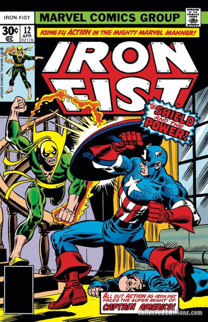 Iron Fist #12 cover; pencils, Dave Cockrum; inks, Frank Giacoia; Captain America, Jarvis, Avengers Mansion