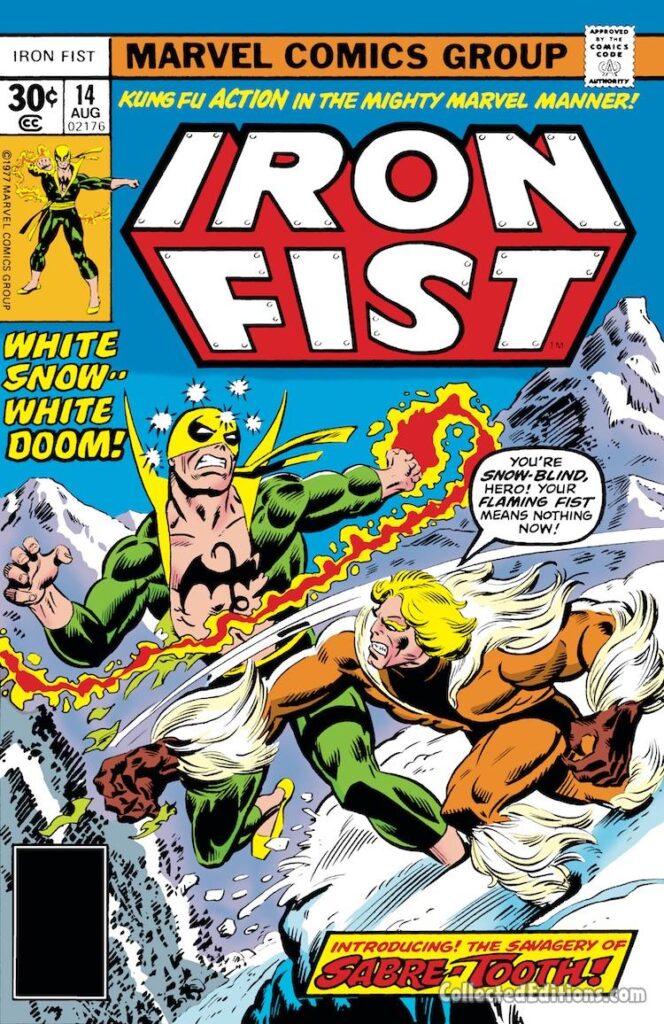 Iron Fist #14 cover; layout, Dave Cockrum; pencils and inks, Al Milgrom; Sabretooth, first appearance, White Snow, White Doom, Marvel