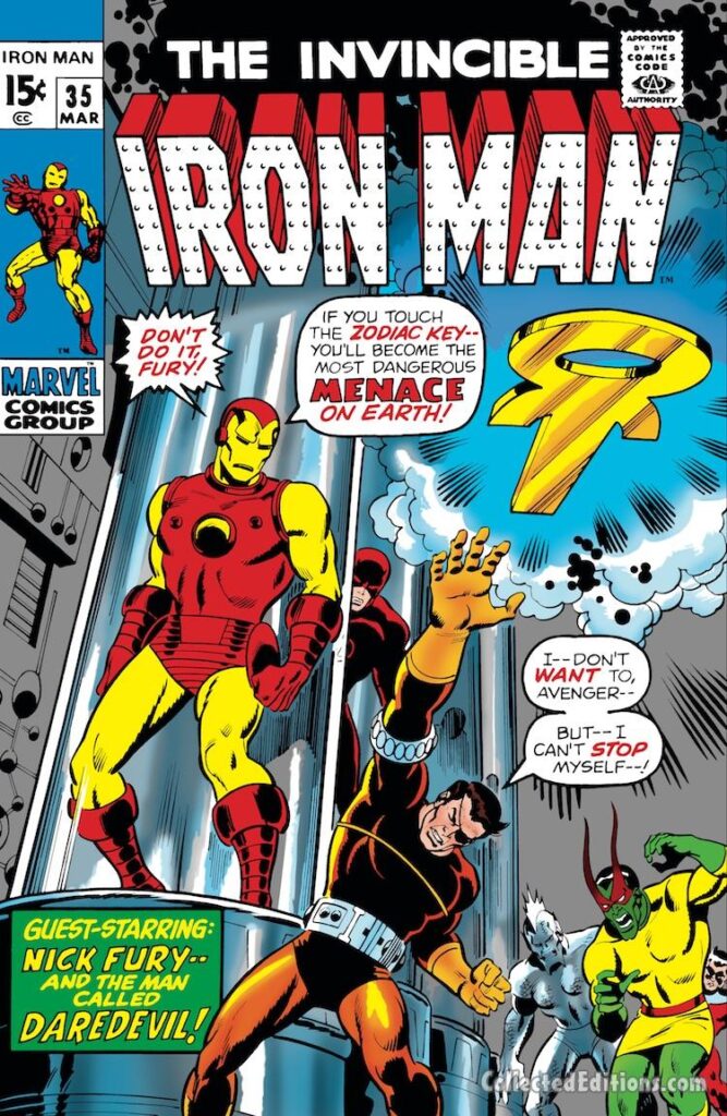 Iron Man #35 cover; pencils and inks, Sal Buscema; Zodiac Key, Nick Fury, Daredevil