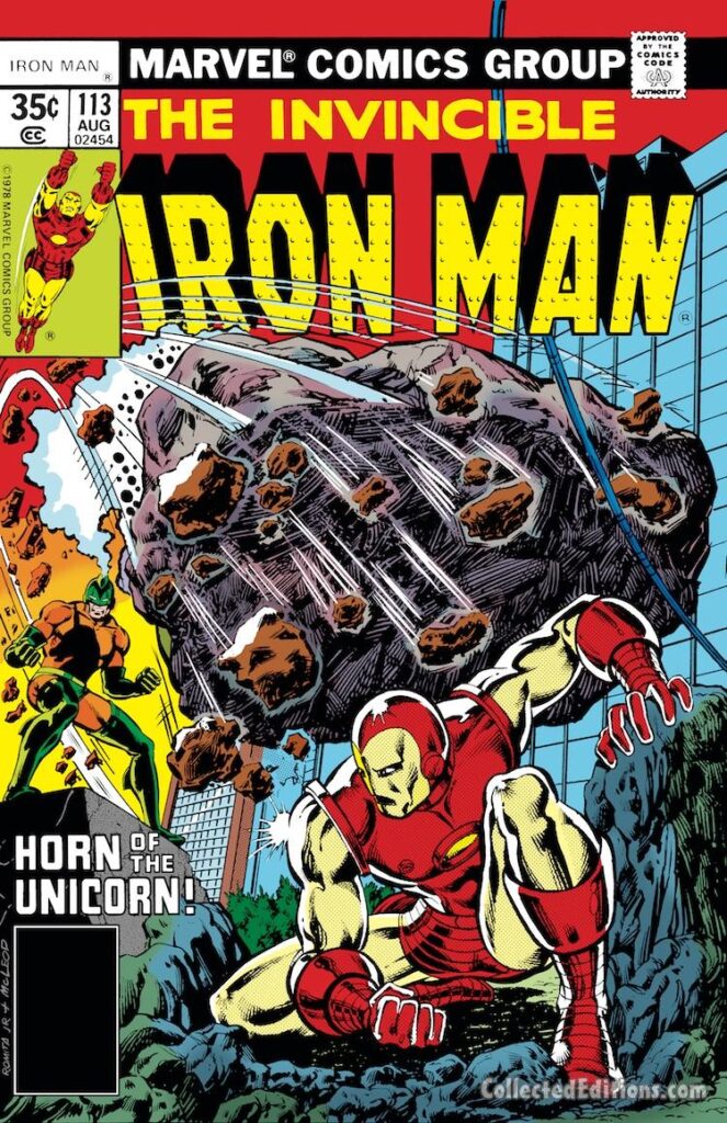 Iron Man #113 cover; pencils, John Romita Jr.; inks, Bob McLeod; Horn of the Unicorn